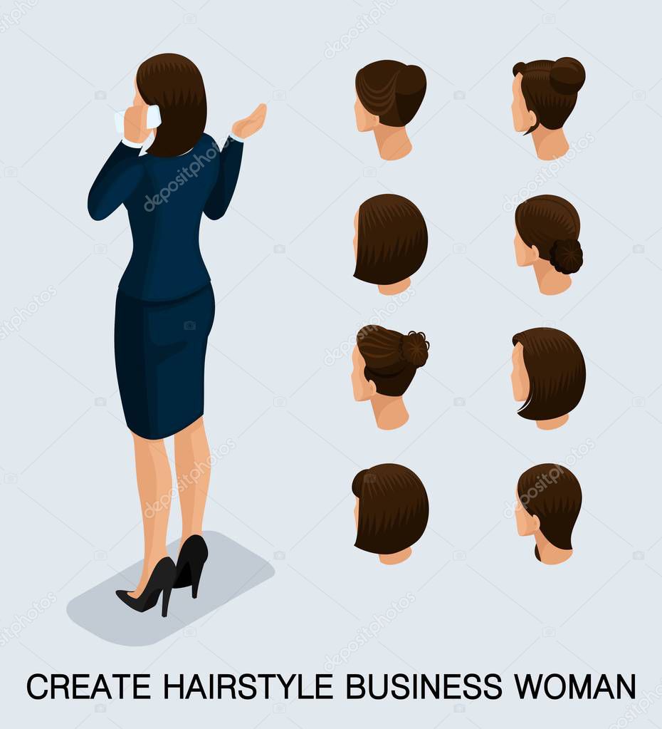 Set 5 Fashion isometric 3D business lady, a set of women's haircuts, styling, hair, hair color. Rear view isolated on a light background. Vector illustration
