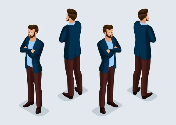 Trend Isometric People Set 8, pengusaha 3D dalam pakaian bisnis, gestur orang, pandangan depan dan belakang terisolasi pada latar belakang cahaya. Ilustrasi vektor - Stok Vektor