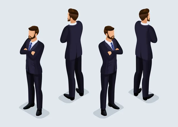 等尺性の人々 の設定 9 3 d ビジネスマン ビジネス スーツ、人々 ジェスチャー、正面や背面明るい背景に分離の傾向します。ベクトル図 — ストックベクタ