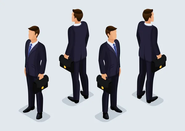 Trend isometrische mensen Set 7, 3d zakenlieden in business kostuums, mensen gebaren, vooraanzicht en achteraanzicht geïsoleerd op een lichte achtergrond. Vectorillustratie — Stockvector