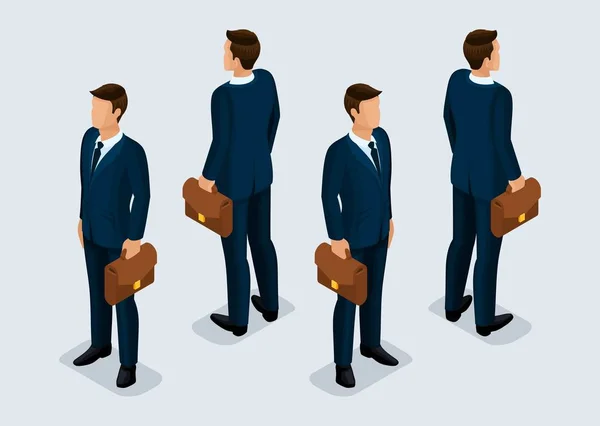 Trend Isometric People Set 6, empresários 3D em ternos de negócios, gestos de pessoas, visão frontal e visão traseira isolados em um fundo claro. Ilustração vetorial — Vetor de Stock