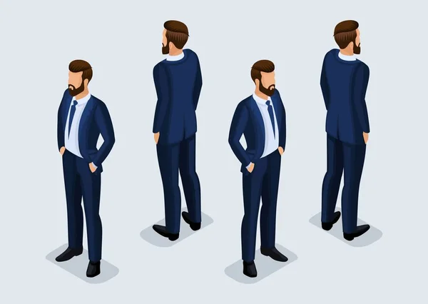 Trend Isometric People Set 4, pengusaha 3D dalam pakaian bisnis, gestur orang, pandangan depan dan belakang terisolasi pada latar belakang cahaya. Ilustrasi vektor - Stok Vektor