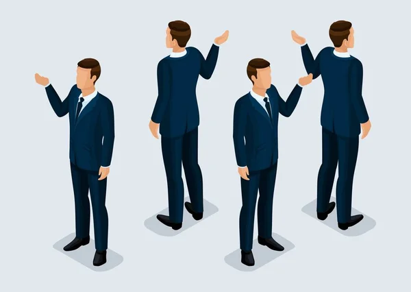 Trend Isomtric People Set 3, hombres de negocios en 3D en trajes de negocios, gestos de personas, vista frontal y vista trasera aislados sobre un fondo claro. Ilustración vectorial — Vector de stock