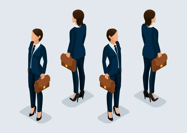 Trend Isomtric People Set 4, mujer de negocios 3D en trajes de negocios, gestos de personas, una vista frontal y trasera aislada sobre un fondo claro. Ilustración vectorial — Vector de stock