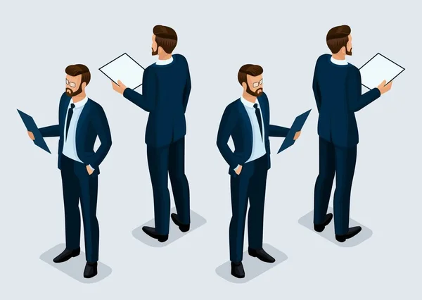 Trend Isomtric People Set 2, hombres de negocios en 3D en trajes de negocios, gestos de personas, vista frontal y vista trasera aislados sobre un fondo claro. Ilustración vectorial — Vector de stock