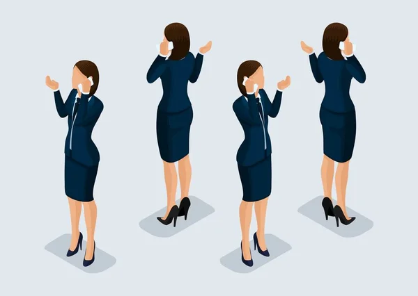 Trend Isomtric People Set 2, mujer de negocios 3D en trajes de negocios, gestos de personas, una vista frontal y trasera aislada sobre un fondo claro. Ilustración vectorial — Vector de stock