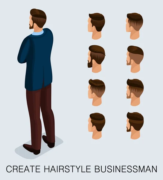 Ange 2 trendiga isometrisk 3d affärsman, en uppsättning av mäns frisyrer, styling, stil, hipster, skägg, mustasch. Bakifrån isolerad på en ljus bakgrund. Vektorillustration — Stock vektor
