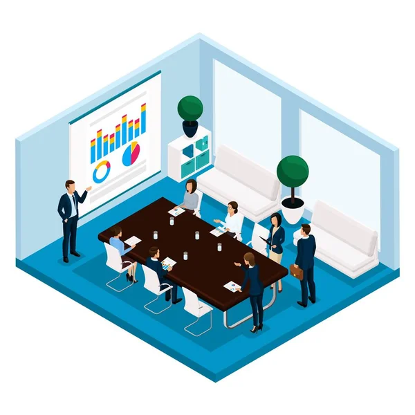 Trend isometric people, a room, an office manager is a front view, a large office desk, negotiation, meeting, board, meeting, brainstorm, businessmen in suits isolated on a light background — Stock Vector