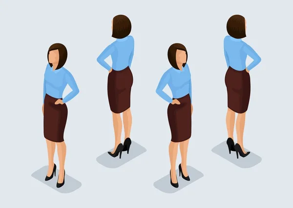 Trend Isomtric People Set 6, mujer de negocios 3D en trajes de negocios, gestos de personas, una vista frontal y trasera aislada sobre un fondo claro. Ilustración vectorial — Vector de stock