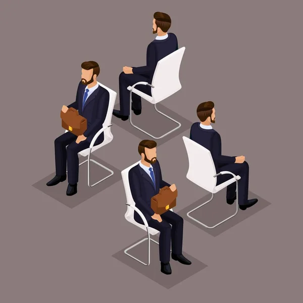 Τάση ισομετρική άτομα σύνολο 3, 3d επιχειρηματίες στα κοστούμια, κάθεται σε μια καρέκλα, πρόσοψη και πίσω όψη που απομονώνονται σε σκούρο φόντο. Εικονογράφηση διάνυσμα — Διανυσματικό Αρχείο