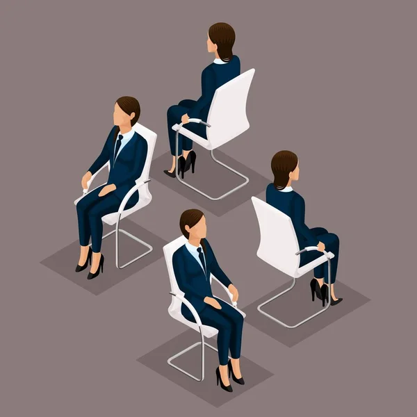 Trend Isomtric People Set 3, mujer de negocios 3D en traje de negocios, sentada en una silla, vista frontal y vista trasera aislada sobre un fondo oscuro. Ilustración vectorial — Vector de stock