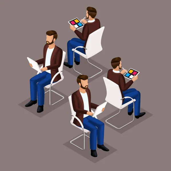 Trend Isomtric People Set 2, hombres de negocios 3D en trajes, sentados en una silla, vista frontal y vista trasera aislados sobre un fondo oscuro. Ilustración vectorial — Vector de stock