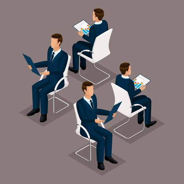 Trend isometrische mensen Set 1, 3d zakenlieden in kostuums, zittend op een stoel, een vooraanzicht en een achteraanzicht geïsoleerd op een donkere achtergrond. Vectorillustratie — Stockvector