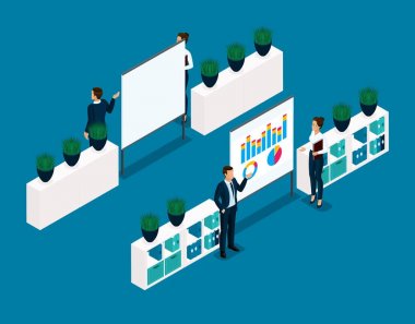 Eğilim izometrik nesneleri 3d insanlar işadamı ofis işçi Önden Görünüm arka görüş koyu mavi bir arka plan üzerinde izole arka plan yönetim kurulu, coachers, eğitim