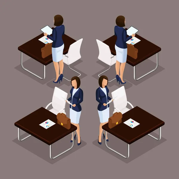 Trend Isomtric people Set 1, 3D business lady working at a desk on a laptop front view, rear view, stylish hairstyle, office worker man in a suit isolated on a dark background. ilustraciones vectoriales — Vector de stock