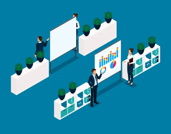 Trend izometryczny obiektów 3d biznesmen ludzi na tle zarządu, trenerów (Coachers), szkolenia, Biuro pracowników widok z przodu Widok z tyłu na białym tle na ciemnym tle niebieski — Wektor stockowy