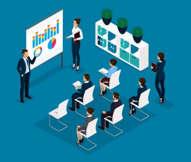 Eğilim izometrik insanlar, kavram, eğitim Önden Görünüm, coachers, öğretmen, öğretim, teori, iş eğitimi, yalıtımlı takım elbise şık saç modeli, iş adamları için Oda