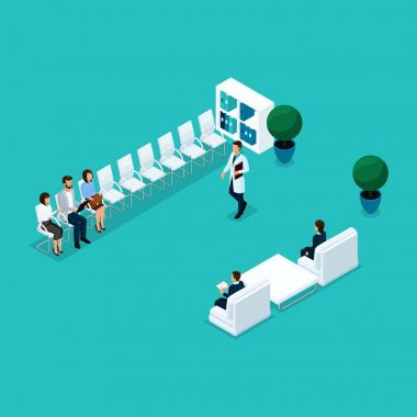 Doktor ofisinde bekleyen trendy izometrik insanlar çevirmek, hafif bir arka plan üzerinde hasta izole