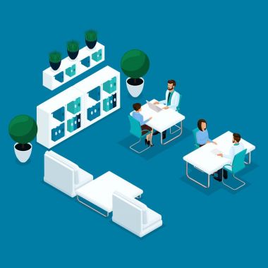 Trendy izometrik insanlar, Doktor Ofisi, Doktor hasta, cerrah alıyor, hasta hafif bir arka plan üzerinde izole