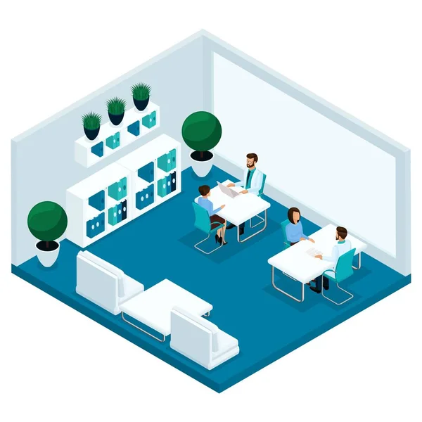 Trendy isometric people, a hospital room, doctor's office, the doctor is receiving patients, the surgeon, the patient are isolated on a light background — Stock Vector
