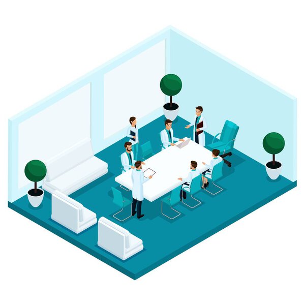 Trendy isometric people, a hospital room, doctor's office, staff, hospital staff, surgeons and doctors consultation are isolated on a light background