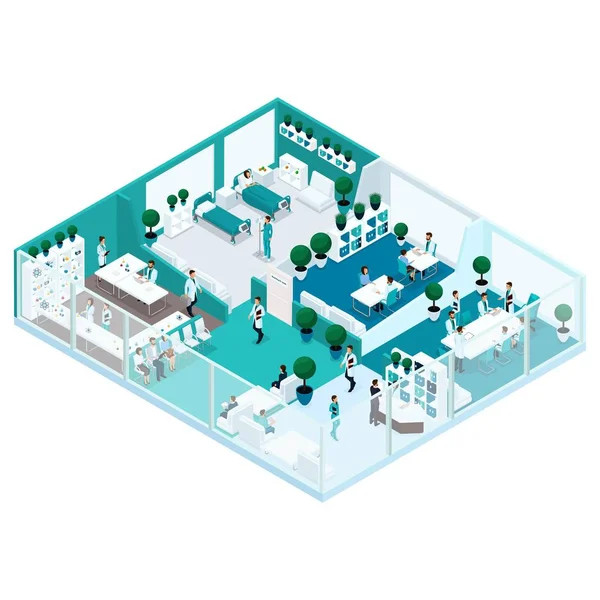 Trendy ισομετρική άνθρωποι απεικόνιση των νοσοκομείων με γυάλινη πρόσοψη σε εμπρόσθια όψη το νοσοκομείο σπίτι έννοια, χειρουργός, διευθυντής γραφείου νοσοκόμα ροής εργασίας, το ιατρικό προσωπικό είναι απομονωμένες — Διανυσματικό Αρχείο