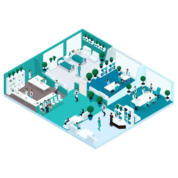 Trendige isometrische Menschen Illustration Frontansicht von Krankenhäusern, Krankenhaus-Konzept Haus, Büroleiter, Chirurg, Krankenschwester Workflow, medizinisches Personal isoliert — Stockvektor