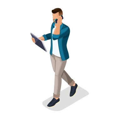 Trendy izometrik insanlar ve araçlar, gençler, gençler, öğrenciler, Merhaba teknoloji, yastık, laptop, cep telefonu, internet'te sörf sosyal ağlar izole