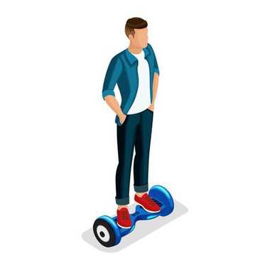 Trendy izometrik insanlar ve araçlar, gençler, gençler, öğrenciler, Merhaba teknoloji, oyun, kaymak, hoverboard giroskutere, eğlence izole