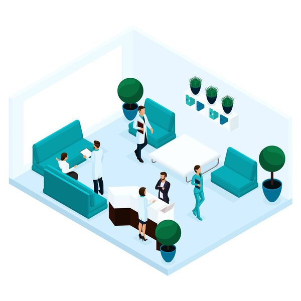 Trendy isometric people, a hospital corridor rear view, reception, doctor discussion with the patient, surgeon, medical staff, nurse are isolated on a light background