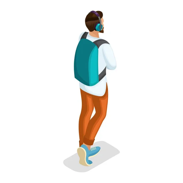 Trendy Isometric people and gadgets, a teener, a young man Rear view of a student, hi-tech technologies, headphones, listening to music isolated — стоковый вектор