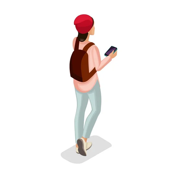 Trendy isometrische mensen en gadgets, een tiener, een jong meisje achteraanzicht, student, hi tech technologie, mobiele telefoons, navigatie, geïsoleerd — Stockvector