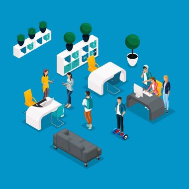 Trendy izometrik insanlar ve araçlar coworking Merkezi, yaratıcı çalışma ve dinlenme, şık iç mekanlara, dizüstü bilgisayar, çalışma serbest, sanatçılar, programcılar izole edilmiştir