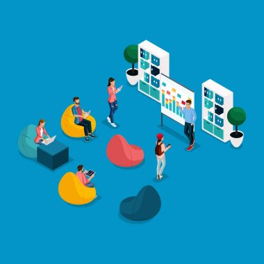 Trendy izometrik insanlar ve araçlar coworking Merkezi, öğrenme, sandalye, dizüstü bilgisayar, çalışma serbest, sanatçılar, programcılar izole edilmiştir