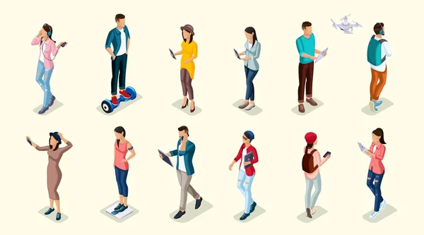 Tendance Isometric personnes et gadgets, adolescents, jeunes, étudiants, en utilisant la technologie de pointe, téléphones mobiles, pad, ordinateurs portables, faire du selfie, montres intelligentes — Image vectorielle