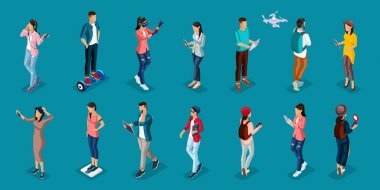 Merhaba istimal teknoloji, cep telefonları, yastık, dizüstü bilgisayarlar, trendy izometrik insanlar ve araçlar, gençler, gençler, öğrenciler, selfie, akıllı saatler, sanal oyunlar, navigasyon cihazları üzerinde parlak yapmak