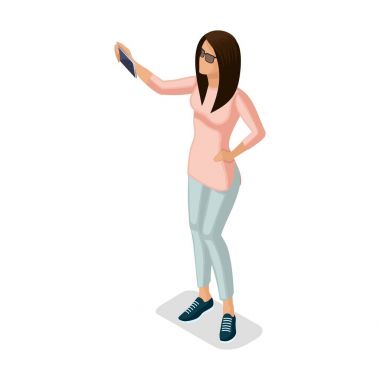 Trendy izometrik insanlar ve alet, bir genç, genç bir kız, şık, öğrenci, kullanır Merhaba teknoloji, telefon, take Fotoğraflar, izole selfie
