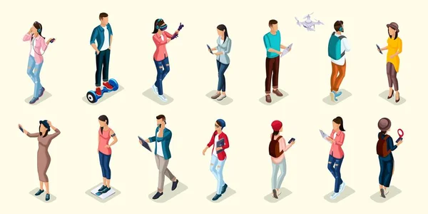 トレンディな等尺性人々 やガジェットは、ティーンエイ ジャーの若者、学生、こんにちはハイテク技術、携帯電話、パッド、ノート パソコン使用して作るナビゲーター仮想ゲーム, スマート腕時計 selfie — ストックベクタ