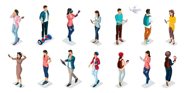 Trendy Isometric people and gadgets, teenagers, young people, students, using hi tech technology, mobile phones, pad, laptops, make selfie, smart watches, virtual games, navigators isolated — Stock Vector