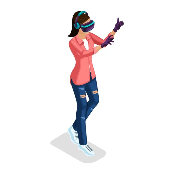Trendy isometrische mensen en gadgets, een tiener, een jong meisje, student, gebruikt hi tech technologie, spelen, virtuele wereld, virtual reality bril, koptelefoon, handschoenen geïsoleerd — Stockvector
