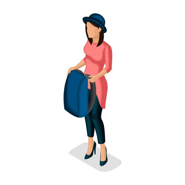 Trendy Isometric people and gadgets, a teener, a young girl, a stylish, student, uses hi-tech technology, rackpack isolated — стоковый вектор