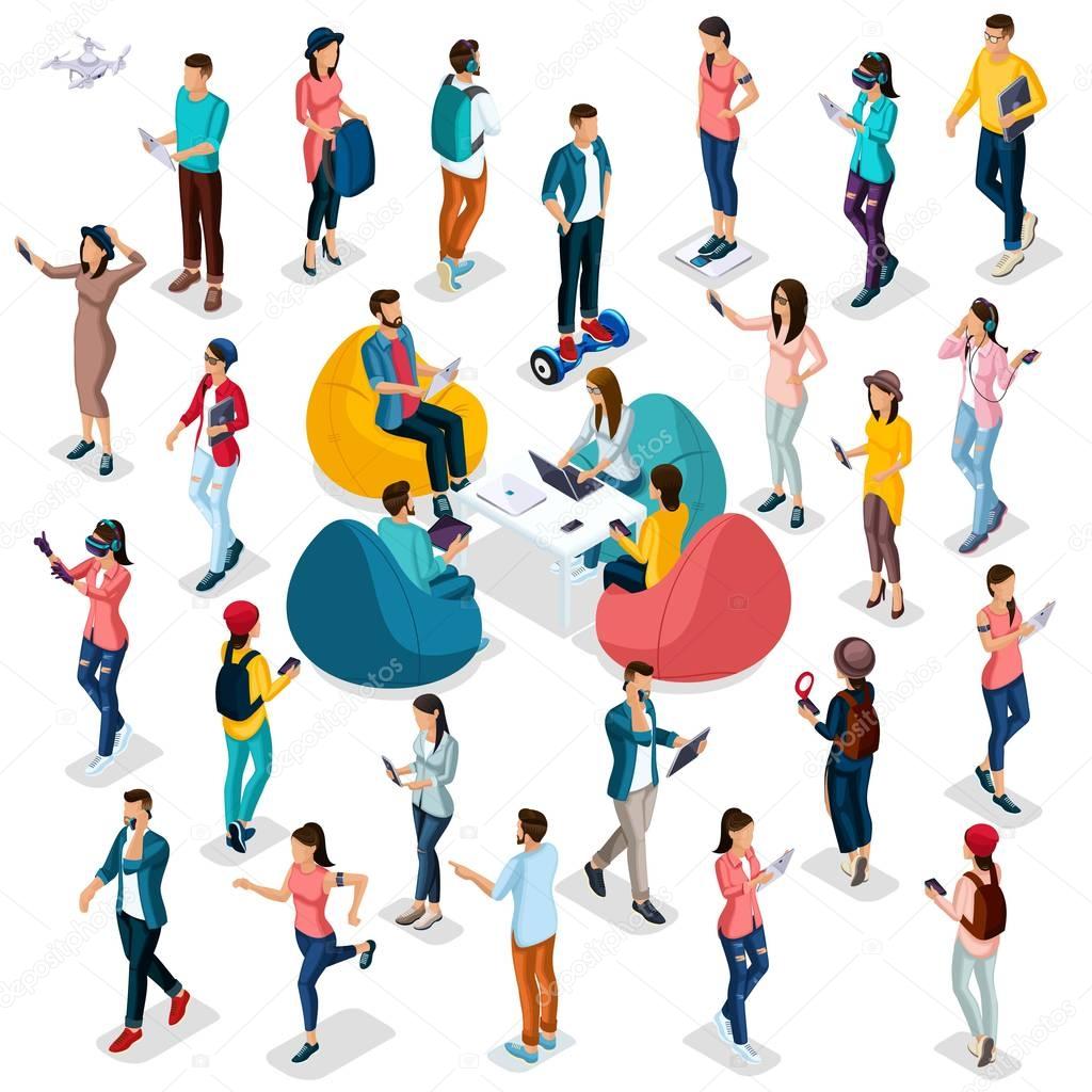 Trendy Isometric people and gadgets, 3D people, teenager, students, large group of people, using hi tech technology, pad, laptop, headphones, scales, sport