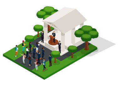 Trendy insanlar izometrik vektör 3d işadamları, oylama, trebune, konuşma parkta toplantı insanlar cumhurbaşkanlığı seçimi, Washington'ın doğum günü, seçim