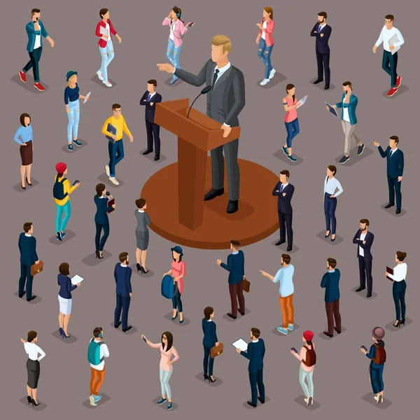 Trendy People Isométrico vector 3D hombres de negocios adolescentes, trabajadores, reunión presidente en una reunión con los votantes rendimiento trebune ante una audiencia, aislado — Vector de stock