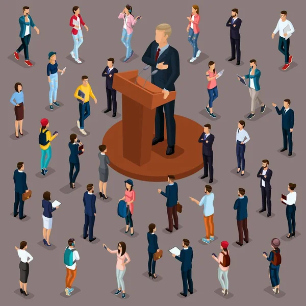 Trendy People Isometric vector 3D business, people, meeting, voting, presidential election, speech at trebune, isolated on a dark background — Stock Vector