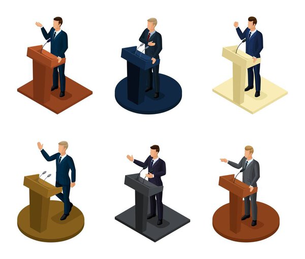 Модные изометрические люди 3D президенты, речь президента, день рождения Вашингтона, встреча с прессой, речь в Требюне, жесты, микрофоны, люди в костюмах
