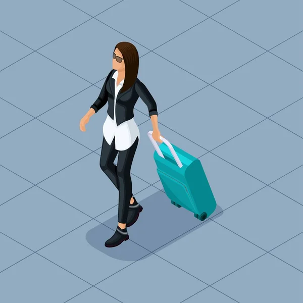Trendy People Isometric vector 3D teenager, a young girl in a leather jacket, leather pants, stylish clothes, cool girl, traveler, vacation, airport, baggage, phone Stock Illustration