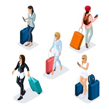 Trendy insanlar izometrik vektör 3d genç, genç bir kız bir deri ceket, deri pantolon, şık giysiler, güzel kız, seyahat, tatil, Havaalanı, Bagaj, telefon internet sosyal ağlar