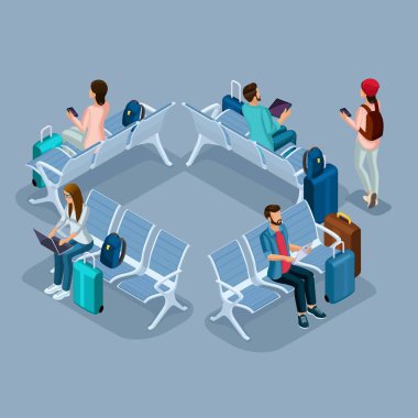 Trendy insanlar izometrik vektör 3d genç, genç bir kız bir deri ceket, deri pantolon, şık giysiler, güzel kız, seyahat, tatil, Havaalanı, Bagaj, telefon internet sosyal ağlar