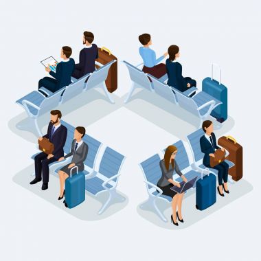 Trendy insanlar izometrik vektör 3d genç, genç bir kız bir deri ceket, deri pantolon, şık giysiler, güzel kız, seyahat, tatil, Havaalanı, Bagaj, telefon internet sosyal ağlar
